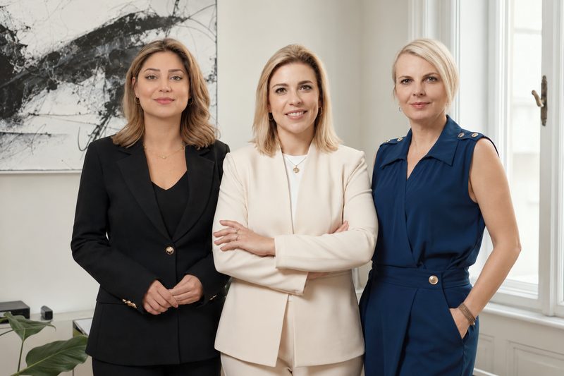 Drei Rechtsanwältinnen von HALO Arbeitsrecht sehen in die Kamera